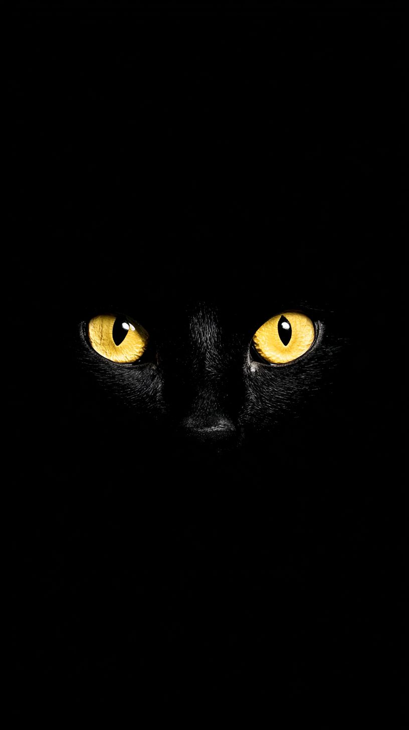 In a pitch-black void, two glowing yellow feline eyes approach, exuding a predatory atmosphere