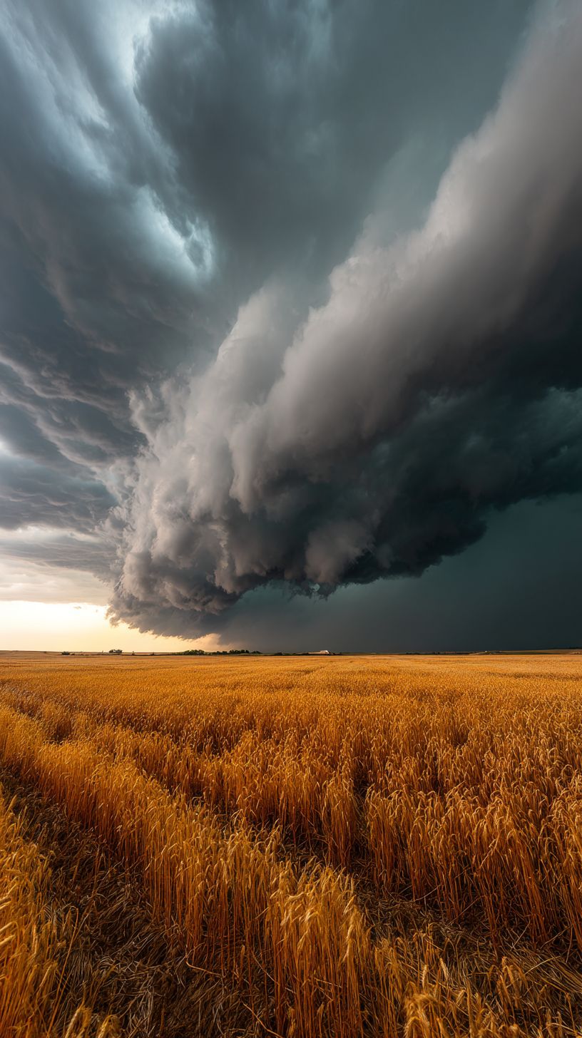 Драматическая суперячейка грозы формируется над золотым пшеничным полем