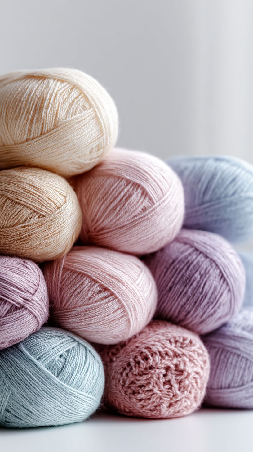 Disposition douce de boules de laine en dégradé et tissu en tricot crème