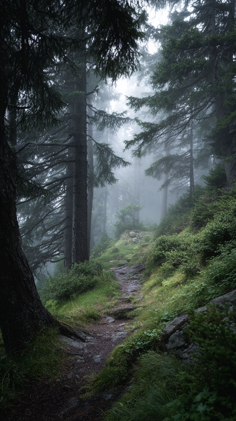 안개 낀 숲길이 조밀한 소나무 숲으로 이어진다