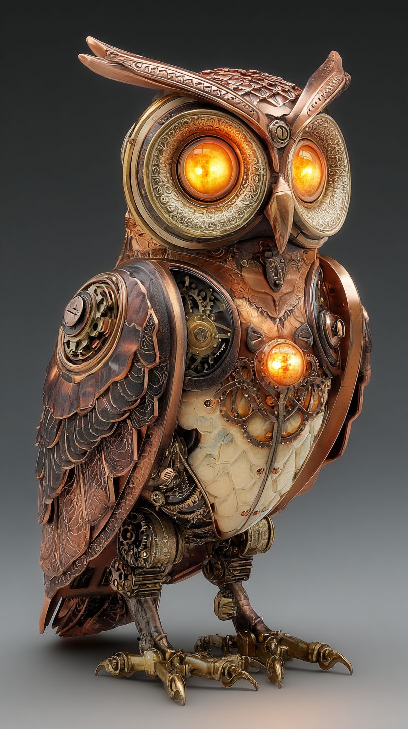 Сложная механическая сова в стиле стимпанк с латунными шестеренками и медными перьями, светящимися янтарными глазами