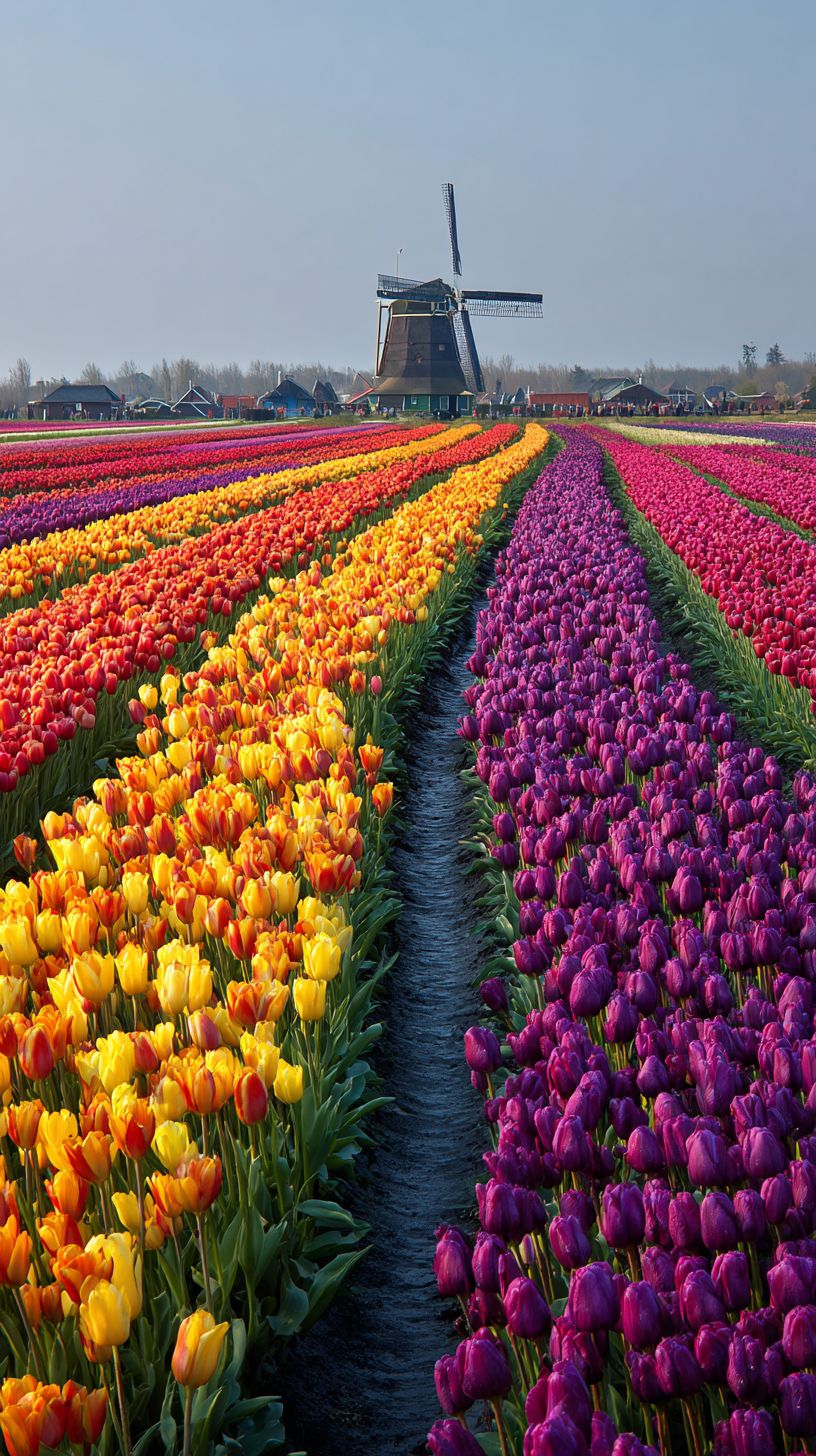 Tulip fields in the Netherlands with endless rows of red, yellow, and purple tulips stretching to the horizon and a traditional Dutch windmill