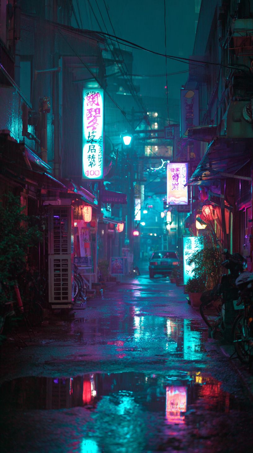 Neonreflexion in einer Gasse Tokios bei Nacht