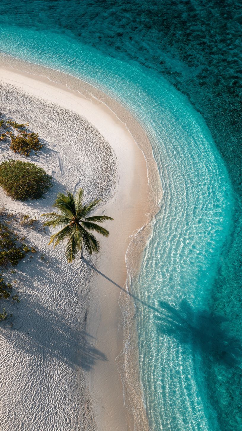 Luftaufnahme eines kurvenreichen weißen Sandstrandes und Wasser in einem Farbverlauf von Türkis zu tiefblau