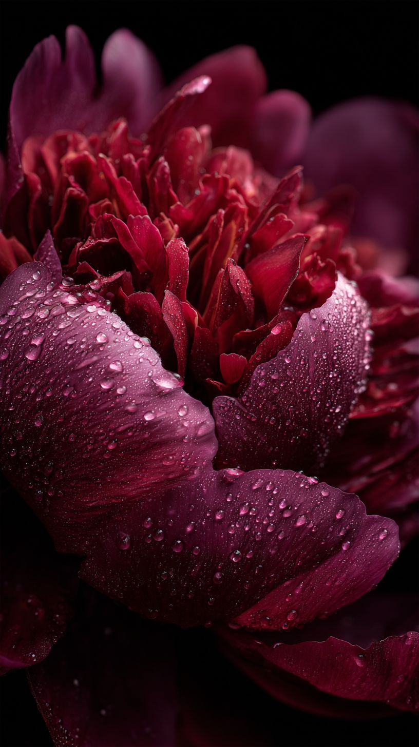 Una peonía carmesí oscura florece bajo la lluvia, mostrando una textura lujosa