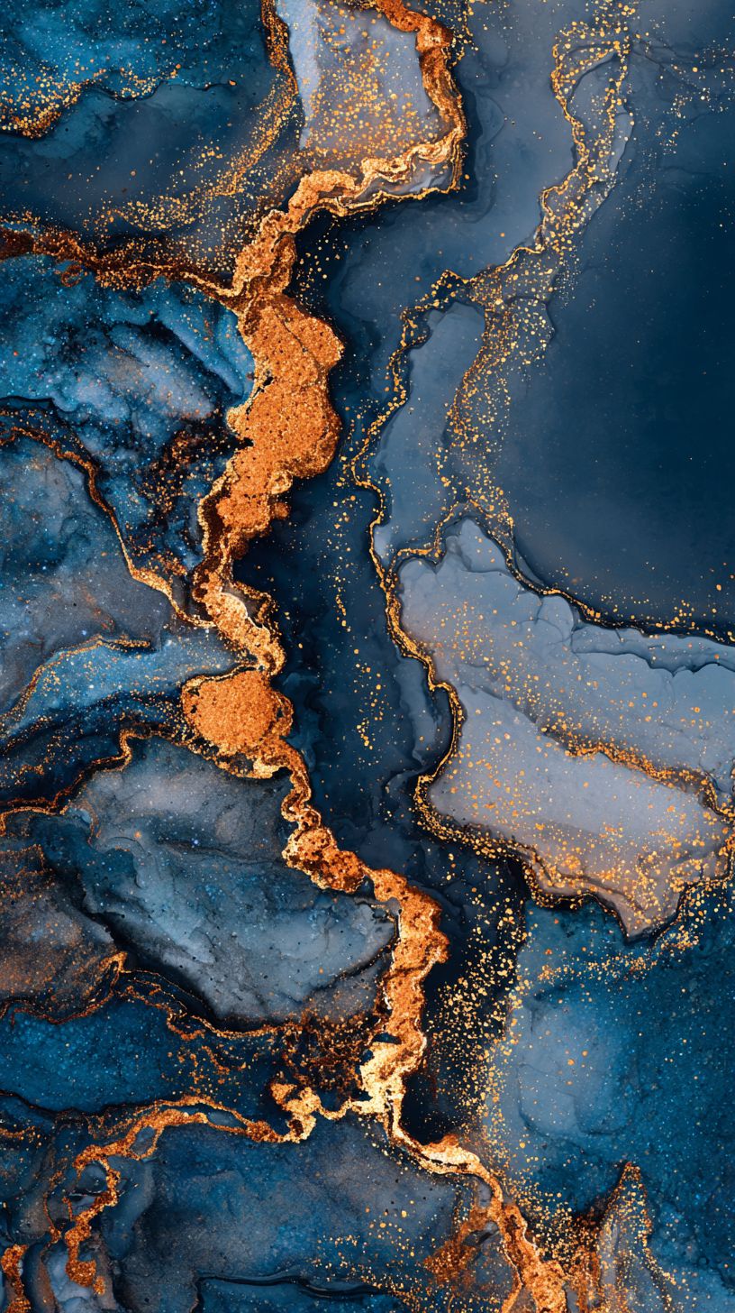 Flüssige Kunst mit Gold- und Kupferwirbeln auf tiefblauem Hintergrund