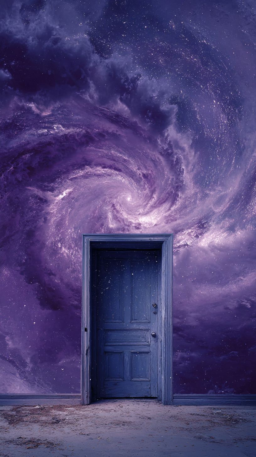 A wooden door painted with a swirling galaxy in surreal portal art