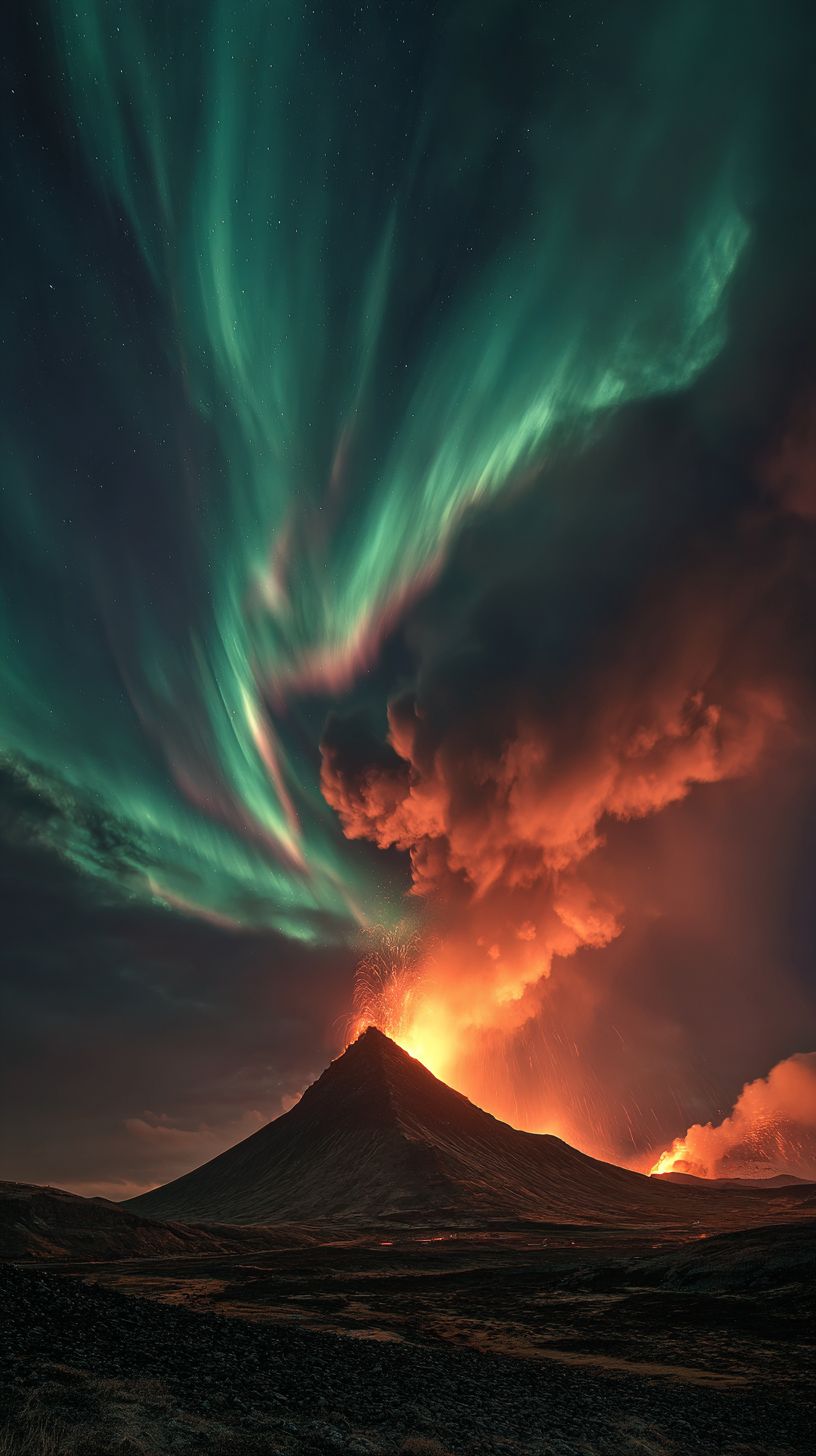 冰島火山噴發下的極光