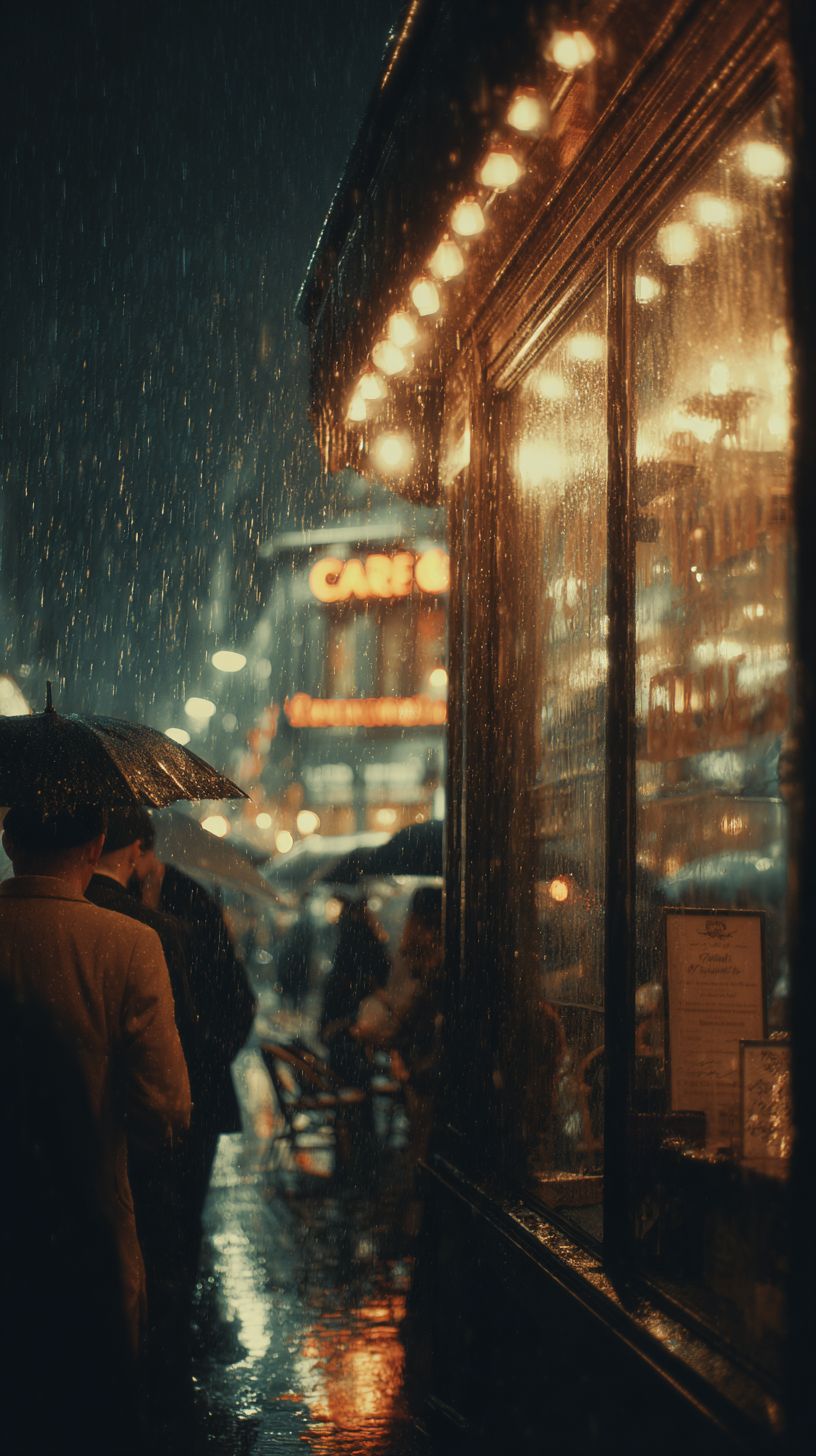 午夜咖啡館的溫暖燈光灑在被雨淋濕的街道上