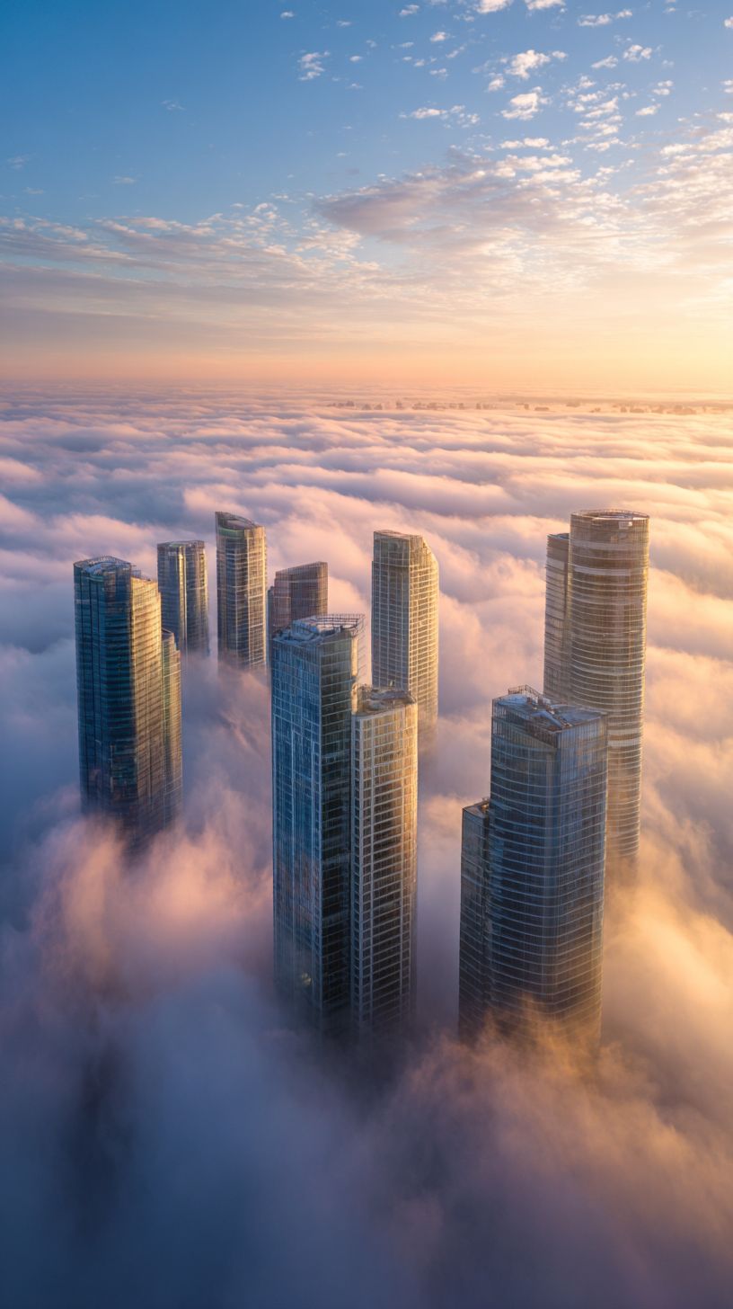 Des gratte-ciels en cristal émergeant au-dessus des nuages
