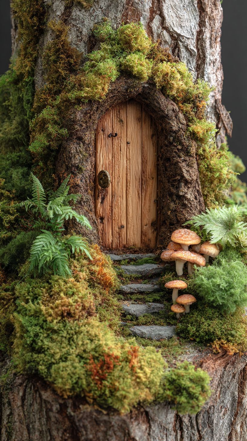 Une petite porte dans le tronc d'un arbre géant entourée de mousse et de champignons, incarnant l'esthétique d'un terrier de hobbit