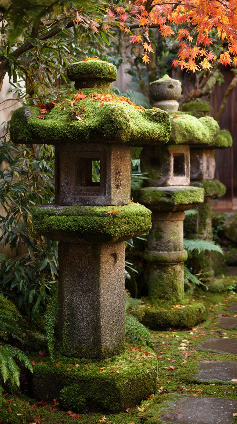 이끼로 덮인 전통 일본 석등