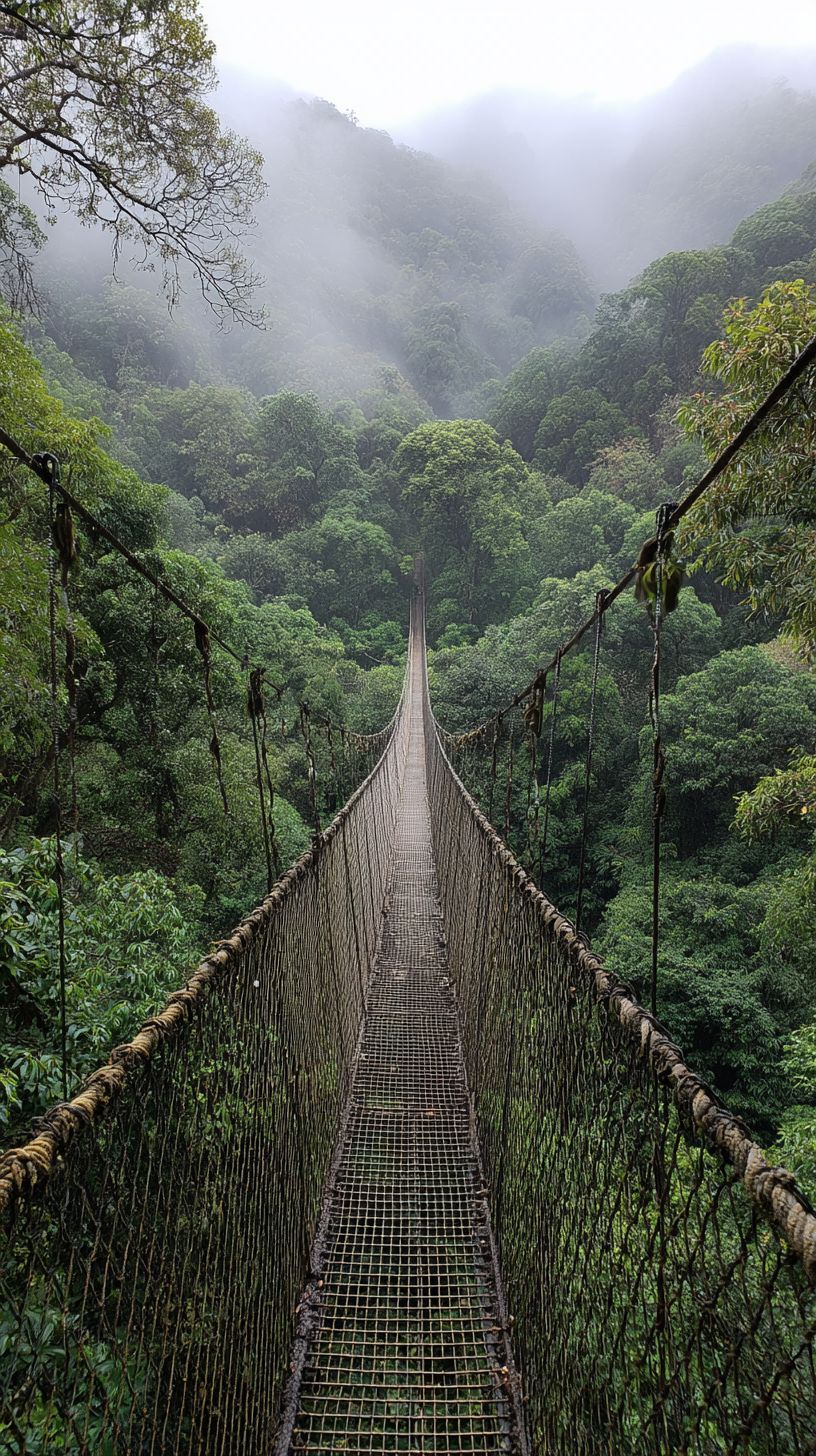 Un puente de cuerda suspendido en lo alto del denso dosel de la jungla, con montañas cubiertas de niebla al fondo, evoca una sensación de aventura y exploración