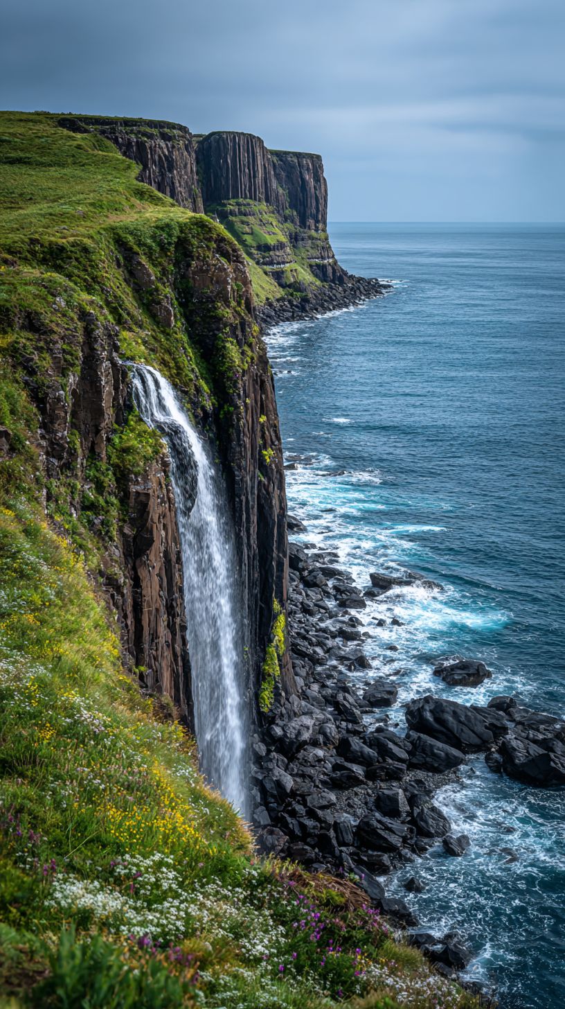 Une cascade tombe d'une falaise dans l'océan