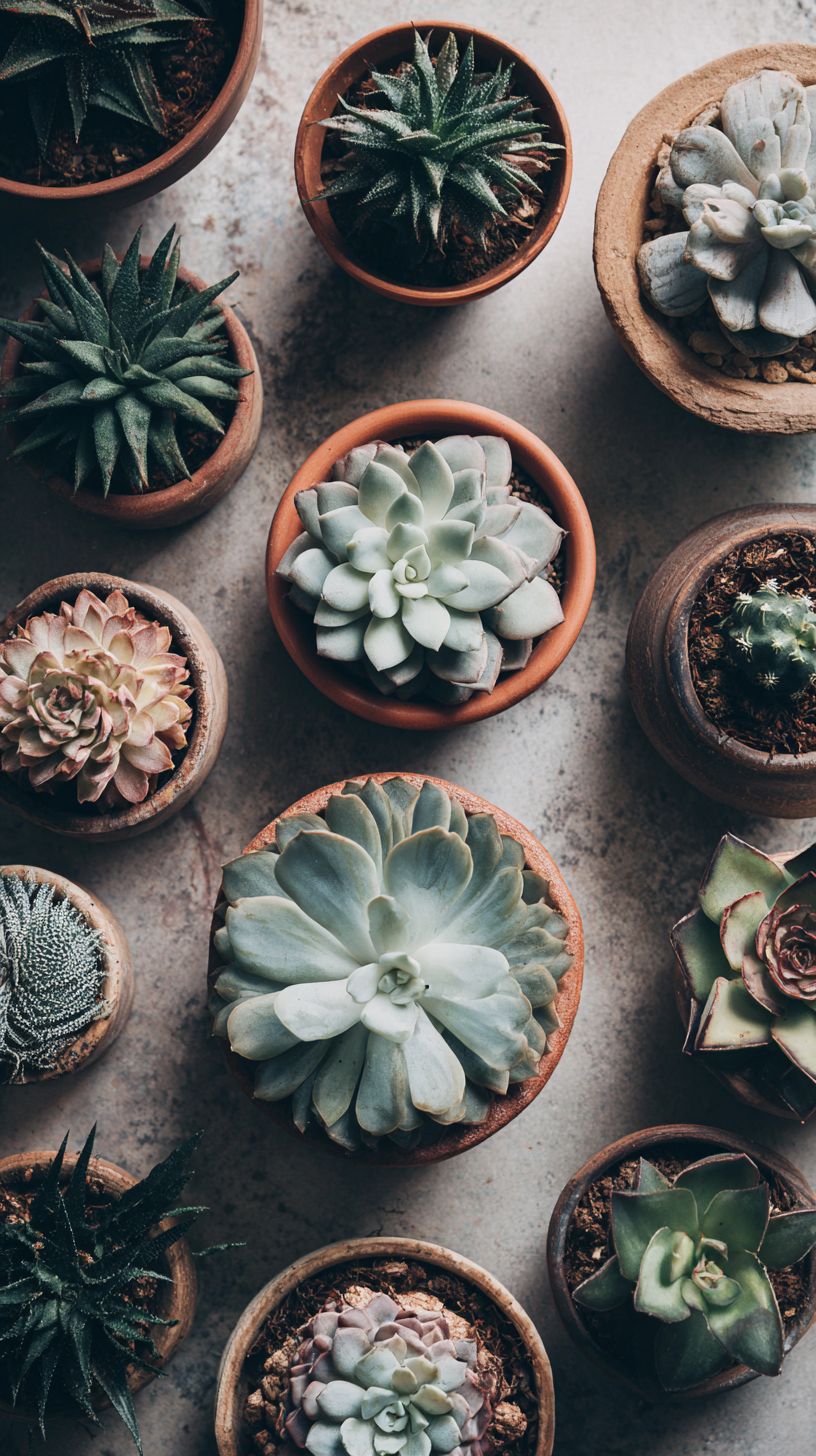 Minimalist garden arrangement of succulents in terracotta pots