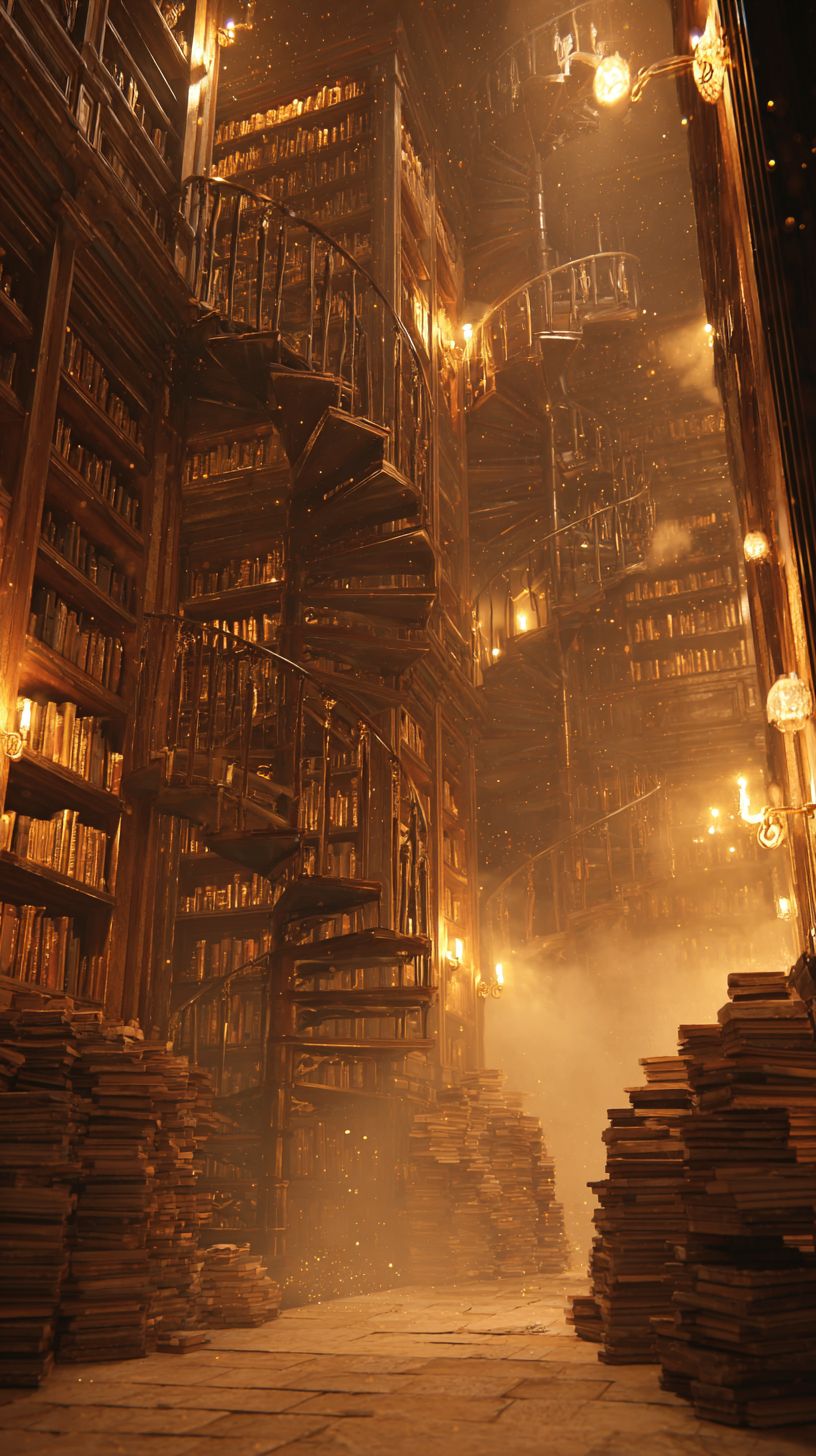 古い図書館には高い本棚とらせん階段がある