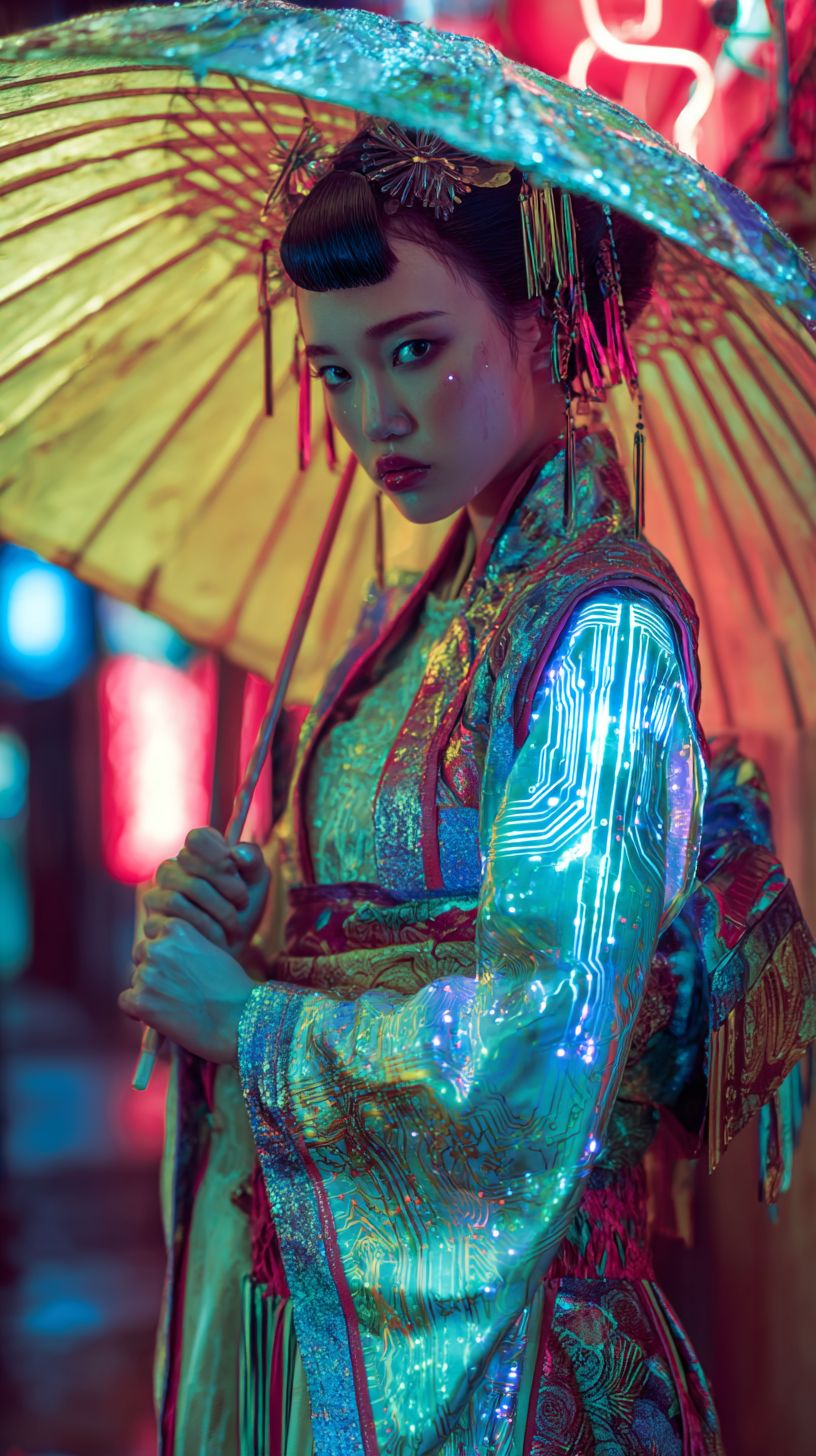 未来主义和传统融合的霓虹灯下的艺伎