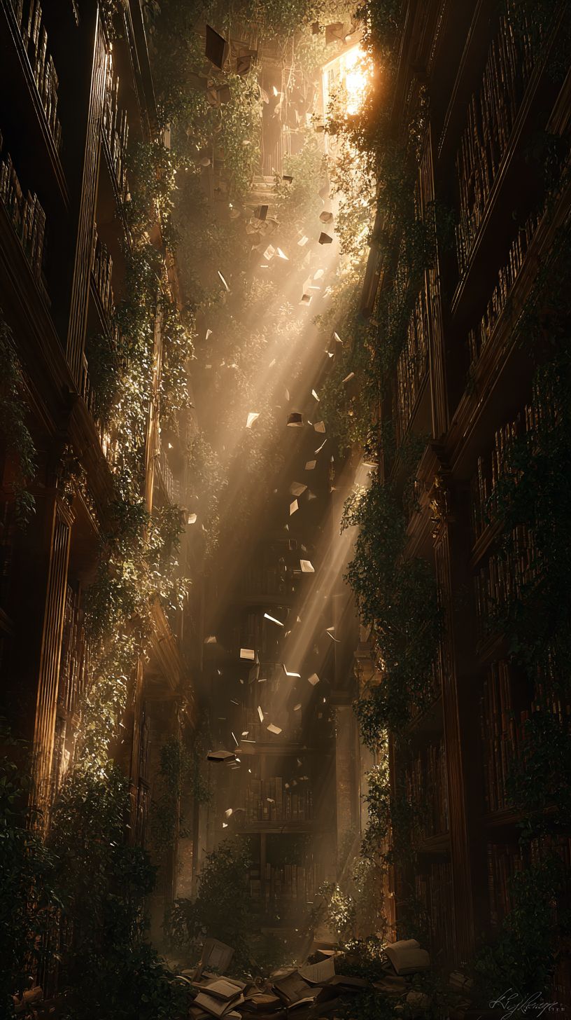 Les rayons du soleil traversent la poussière d'une bibliothèque victorienne oubliée