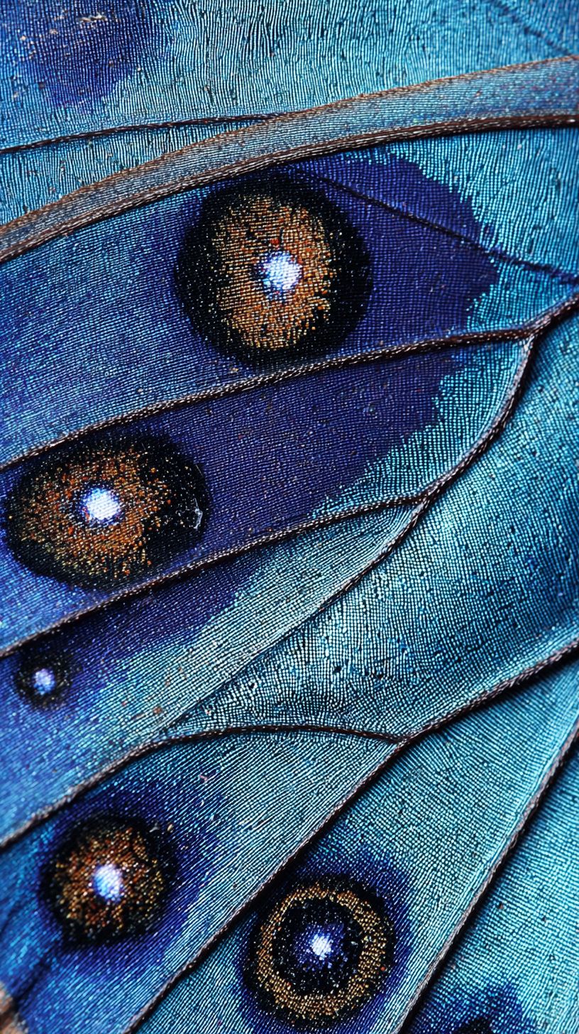 Макросъемка крыла синие морфо бабочки с иридесцентными чешуйками и глазками