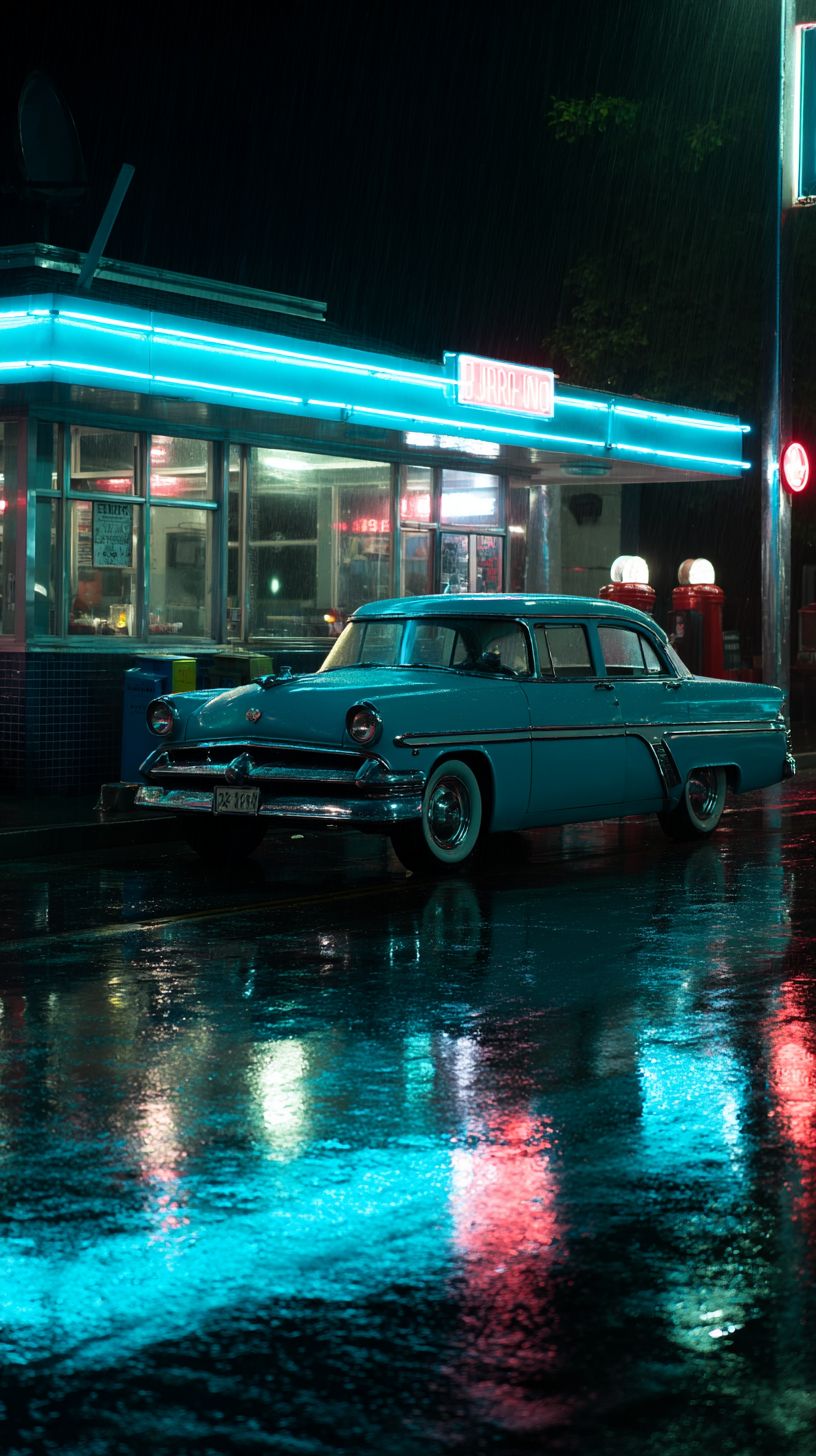 1950s nostalgic atmosphere of a vintage car diner at night