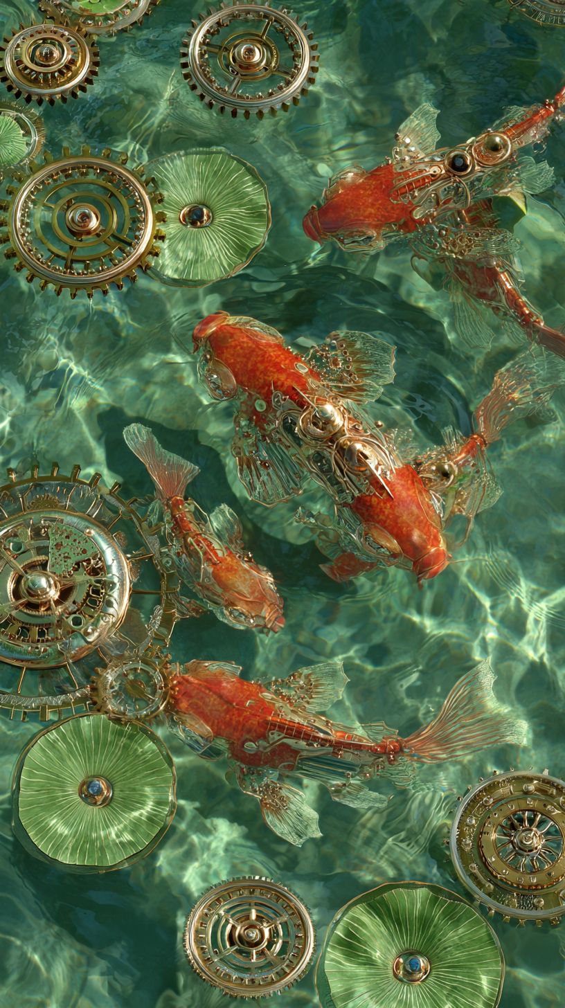 Mechanische Koi-Fische mit Kupfer- und Glasschuppen schwimmen zwischen echten Lotusblumen in einem Koi-Teich