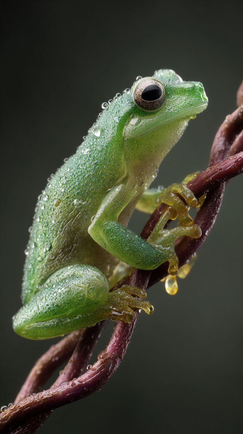 Una rana de árbol de vidrio verde translúcido se sienta en una rama torcida
