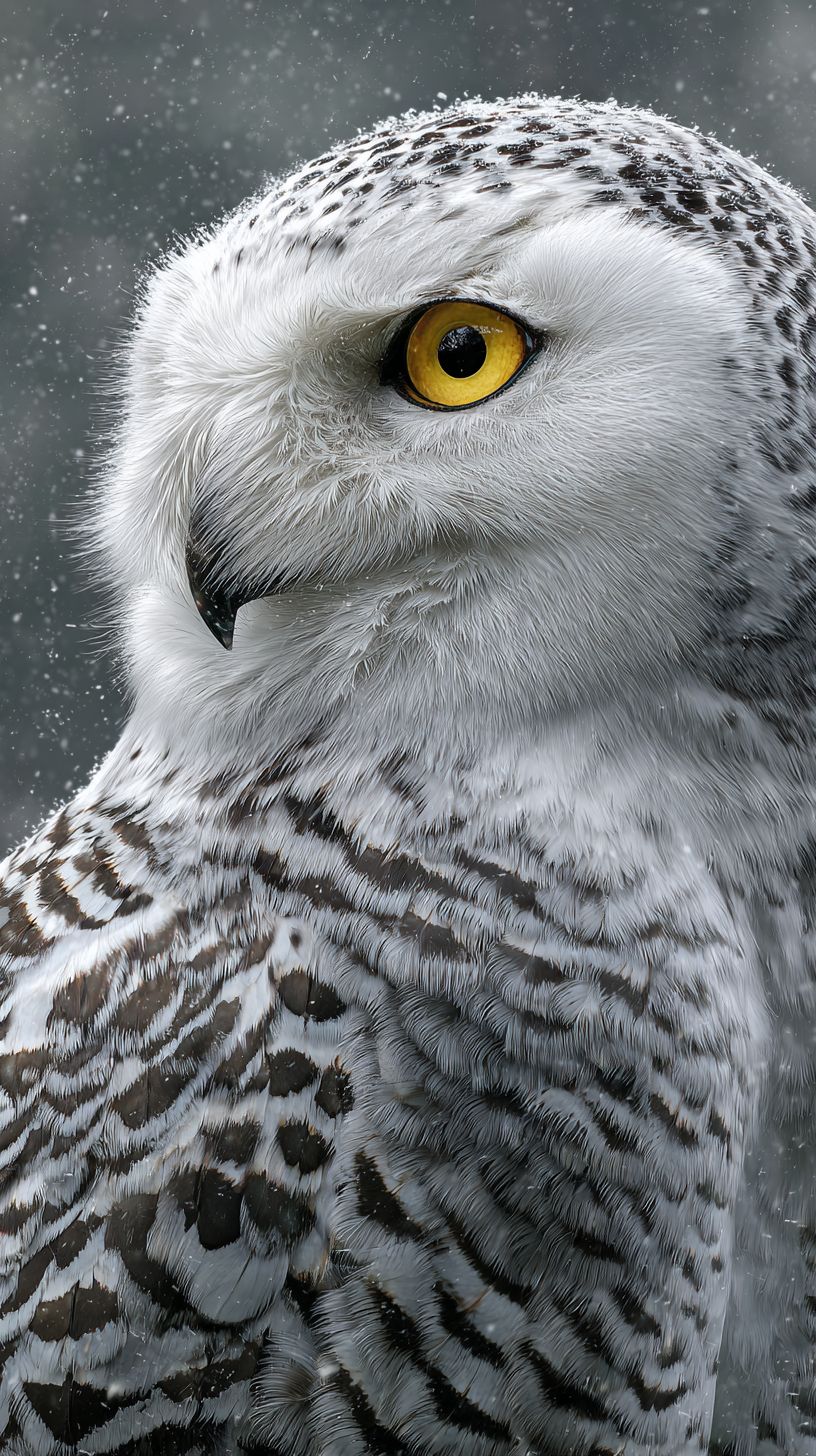 特寫雪鴞，黃眼和柔和的雪花