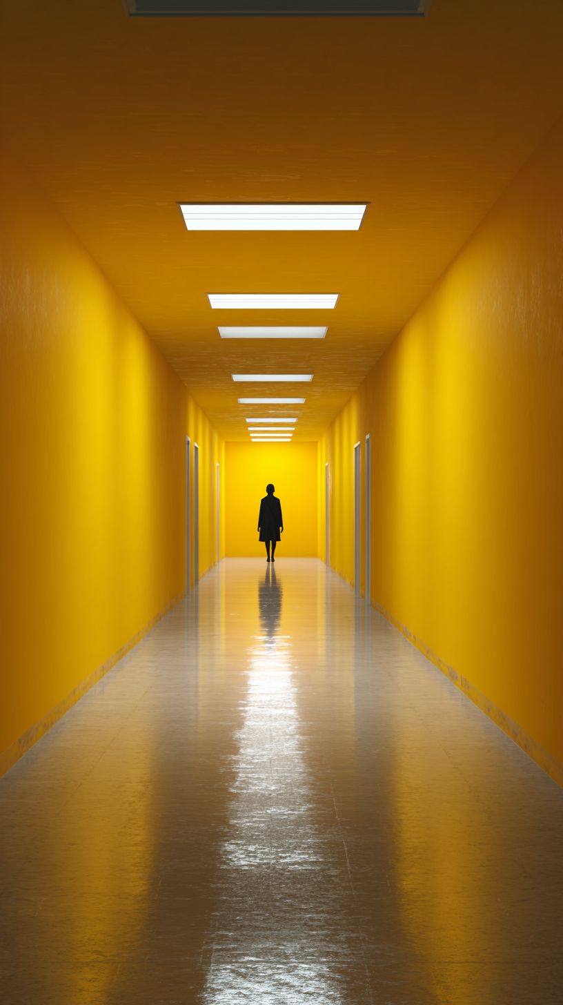 Ein leerer endloser Flur mit hellgelben Wänden hat am Ende eine dunkle humanoide Gestalt