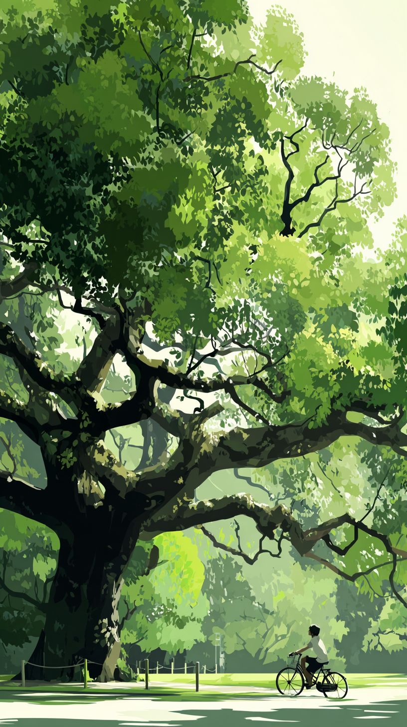 A person rides a bicycle under dense green shade