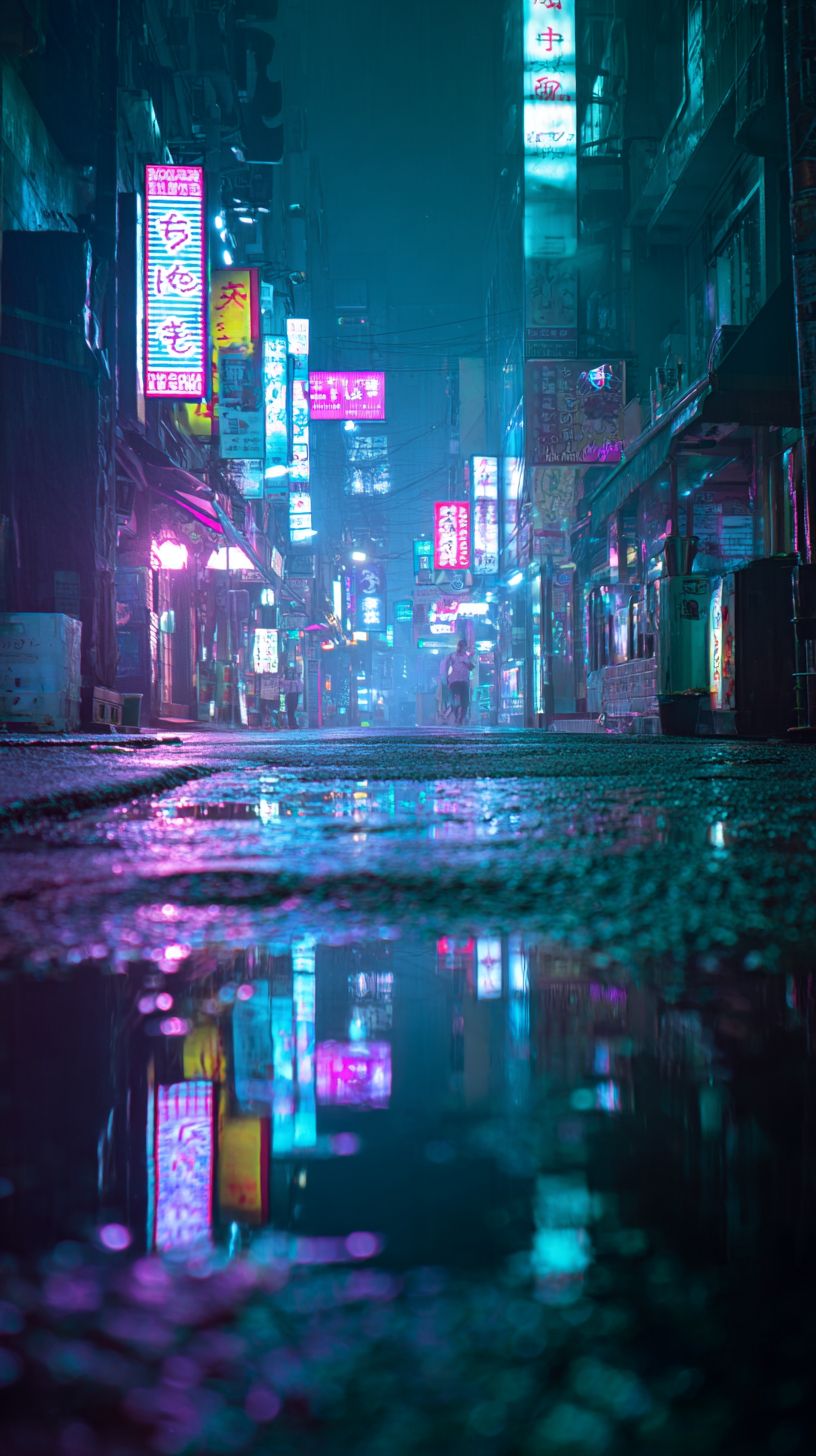 Neon city reflection in Tokyo at night on wet pavement