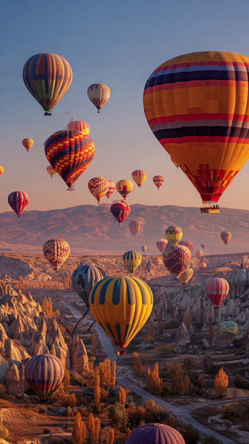 Dezenas de balões de ar quente coloridos sobem sobre as chaminés de fadas da Capadócia ao amanhecer