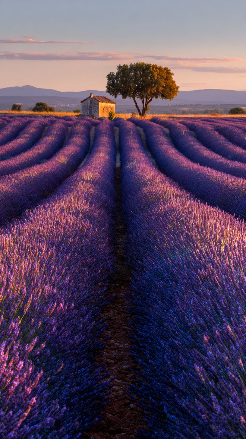 普羅旺斯的薰衣草田在日落時分散發金色光芒