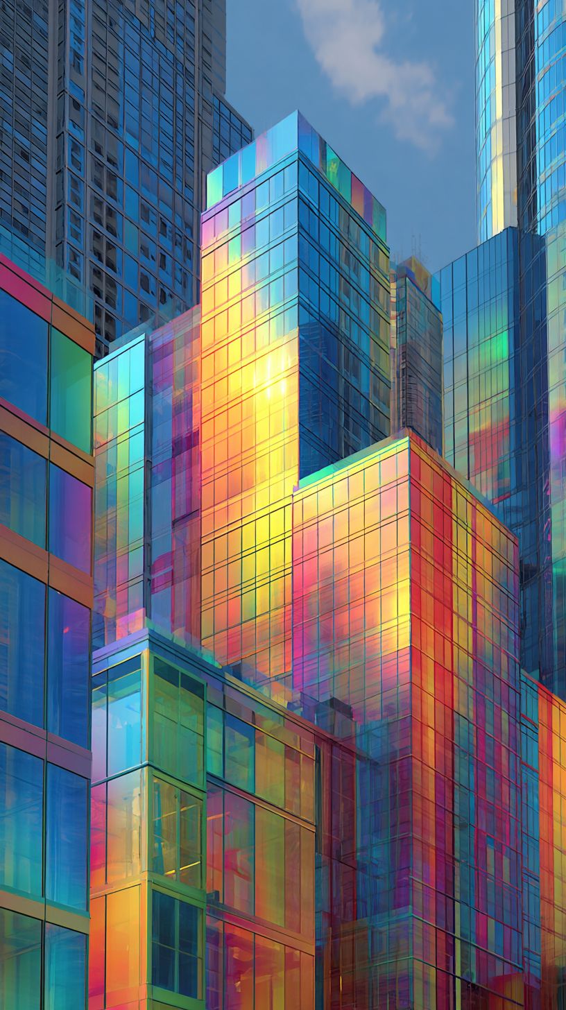 Eine ultramoderne Stadt mit Glasgebäuden aus bunten Paneelen und futuristischer Architektur