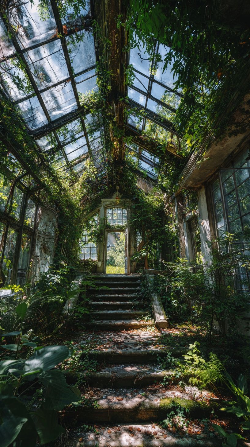 Abandoned Victorian greenhouse overgrown with climbing plants and sunlight streaming through the glass ceiling