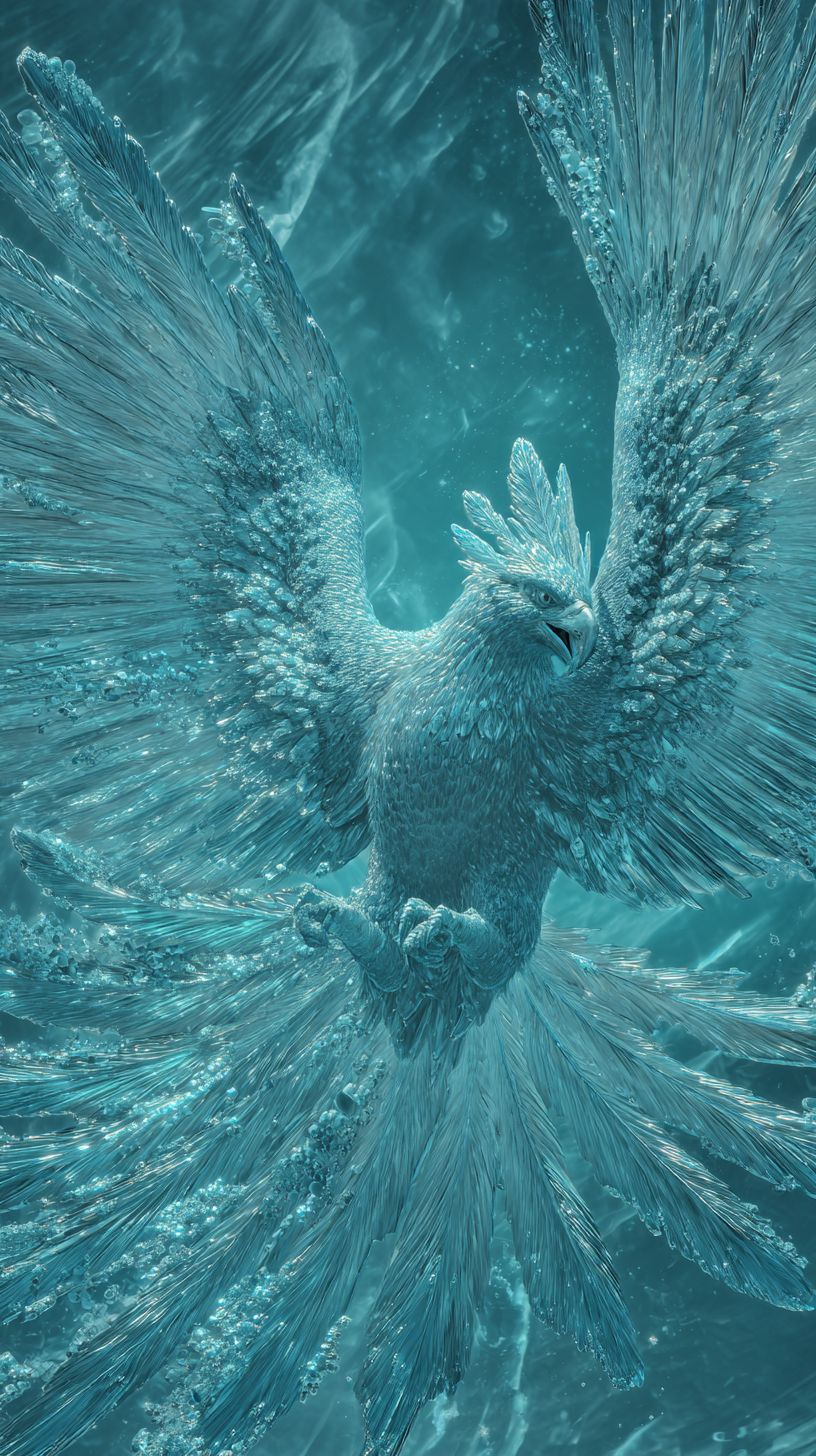 A majestic phoenix flying in ice, wings spread with feather ice patterns catching aurora light