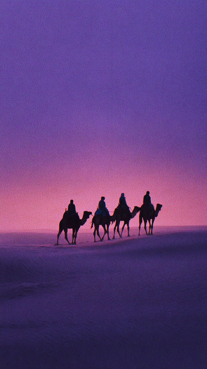 Uma caravana fantasma de camelos atravessando dunas de areia ao crepúsculo