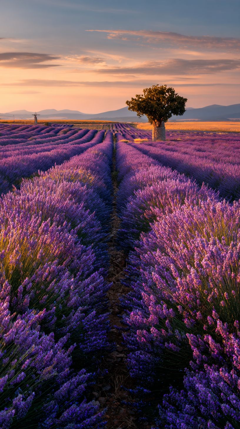 A panoramic scene of purple lavender fields and a lone windmill at sunset in Provence