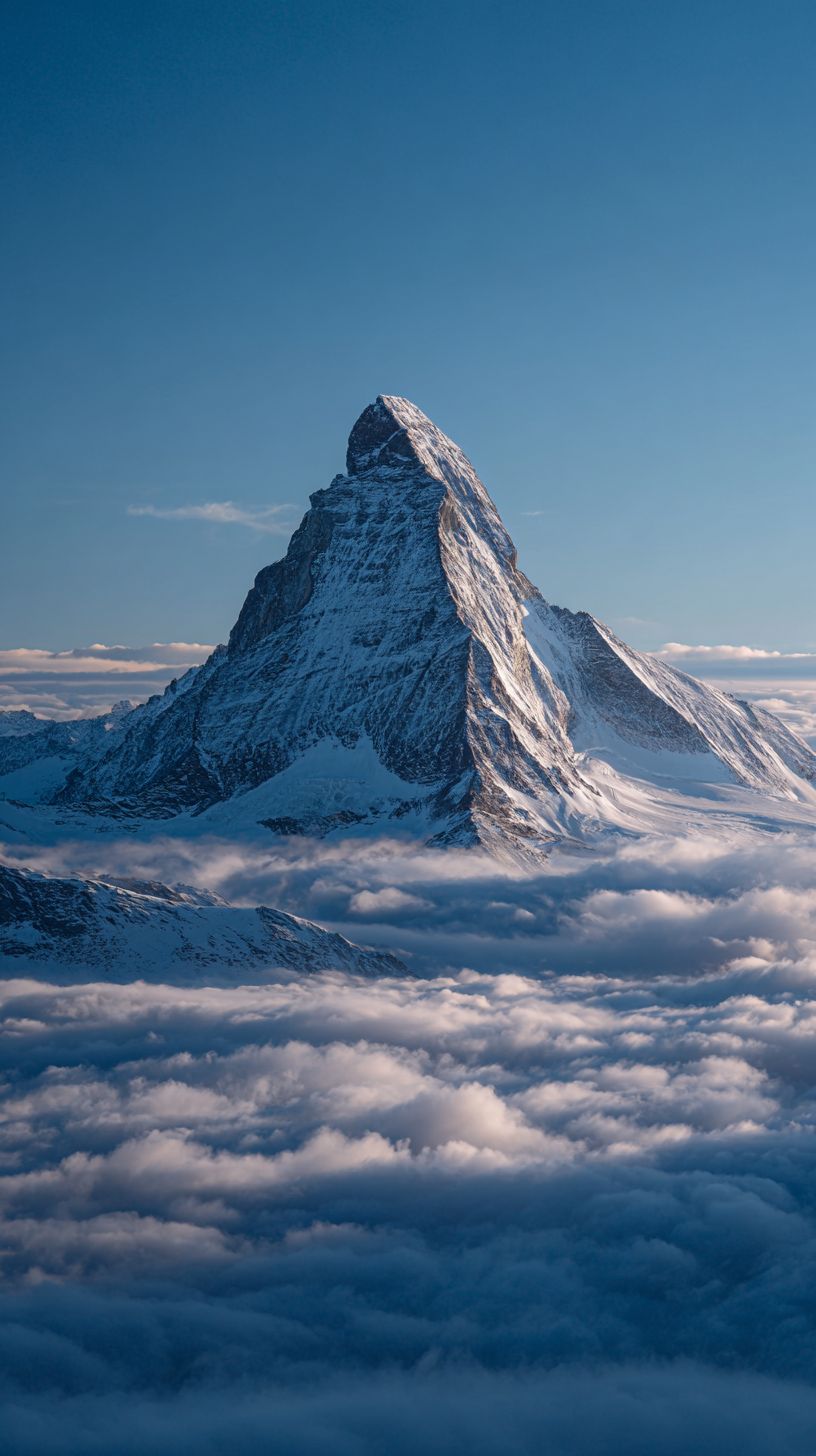 Matterhorn-style pyramid peak above the clouds