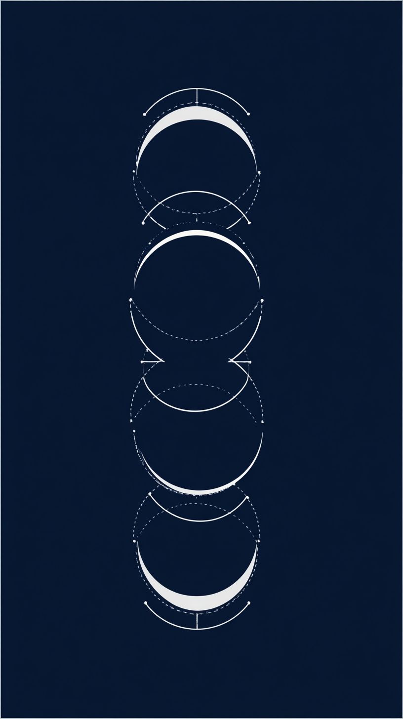 Phase lunaire minimaliste organisée dans un cercle géométrique sur fond bleu marine profond