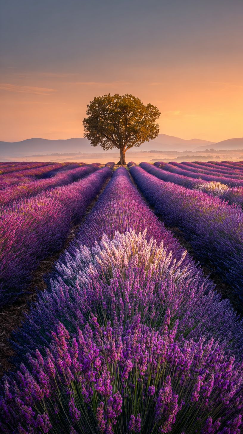 حقول الخزامى التي لا نهاية لها تمتد إلى أفق ضبابي مع شجرة سرو وحيدة تتخذ شكل الظل ضد السماء الدافئة