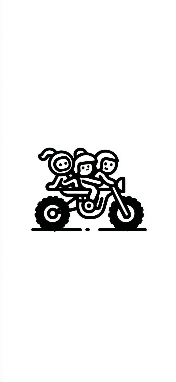 A minimalist logo featuring three cartoon characters on a single motorcycle