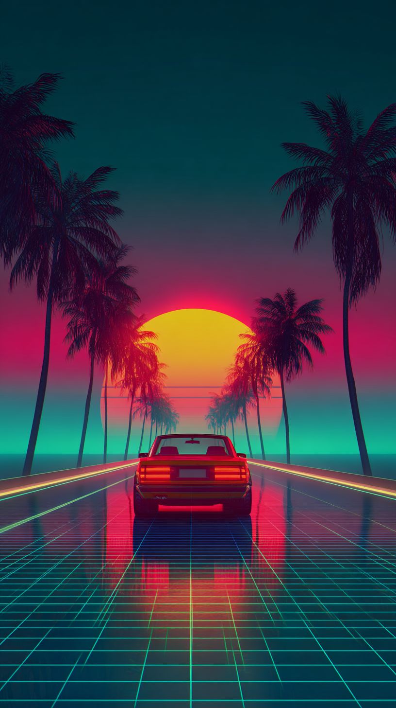 Ein roter Vintage-Cabriolet fährt auf einen Neon-Sonnenuntergang zu und spiegelt die Nostalgie der 80er Jahre wider