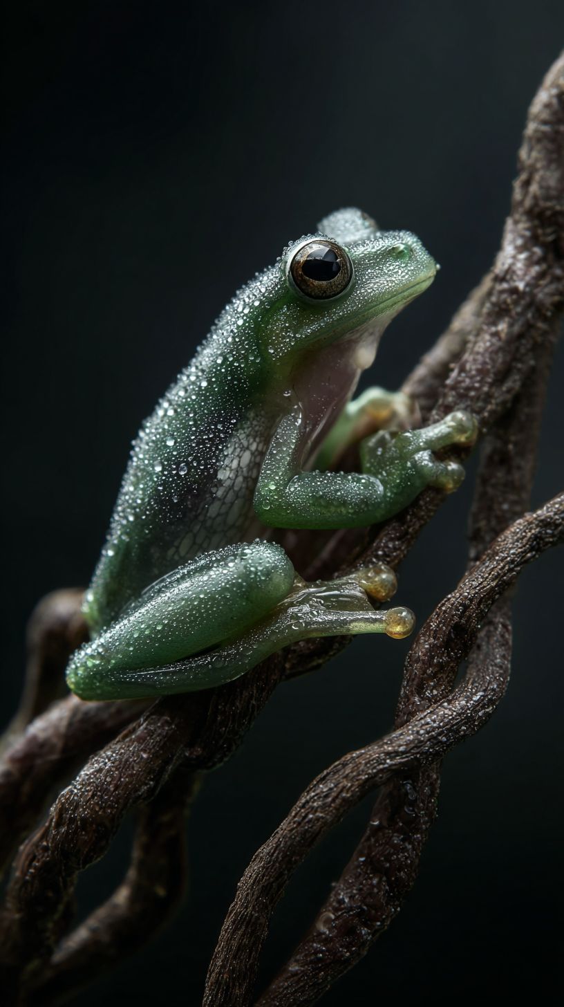 A translucent green glass tree frog sitting on a twisted branch with dew drops on its skin