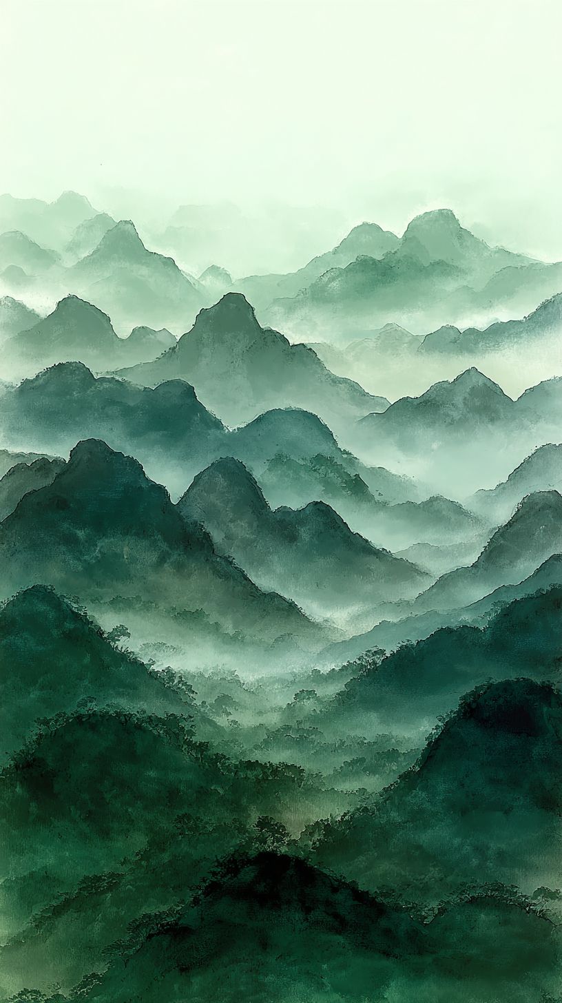 Montagnes de jade superposées enveloppées de brume