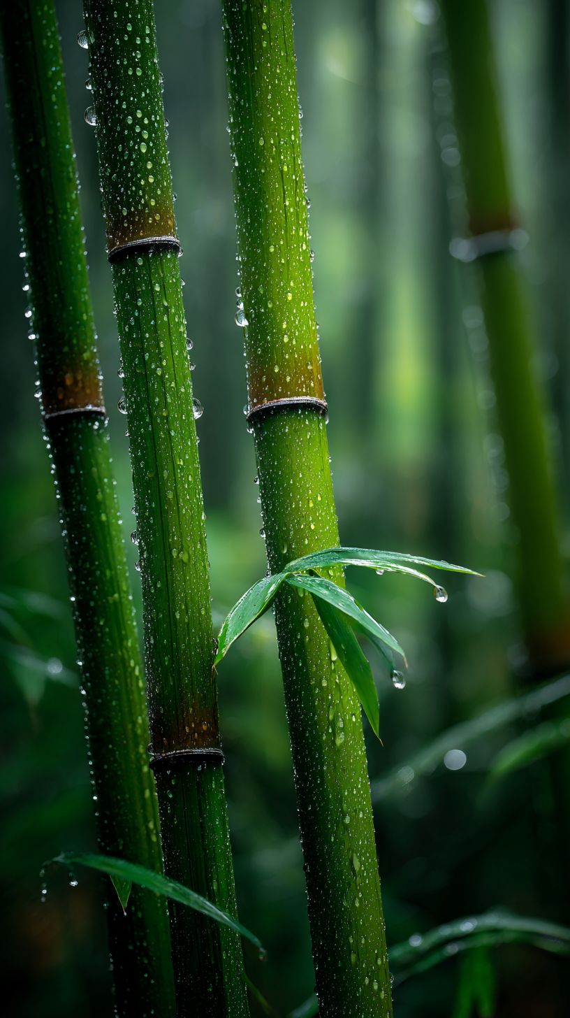 Gotas de chuva escorregando pelo bambu criam uma atmosfera serena na luz da manhã