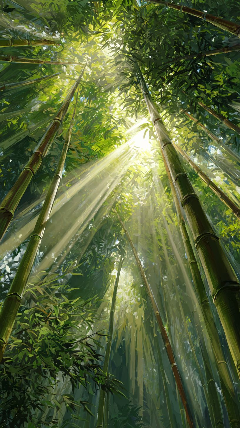 La luz del sol filtrándose a través de altos bambús en un tranquilo bosque japonés