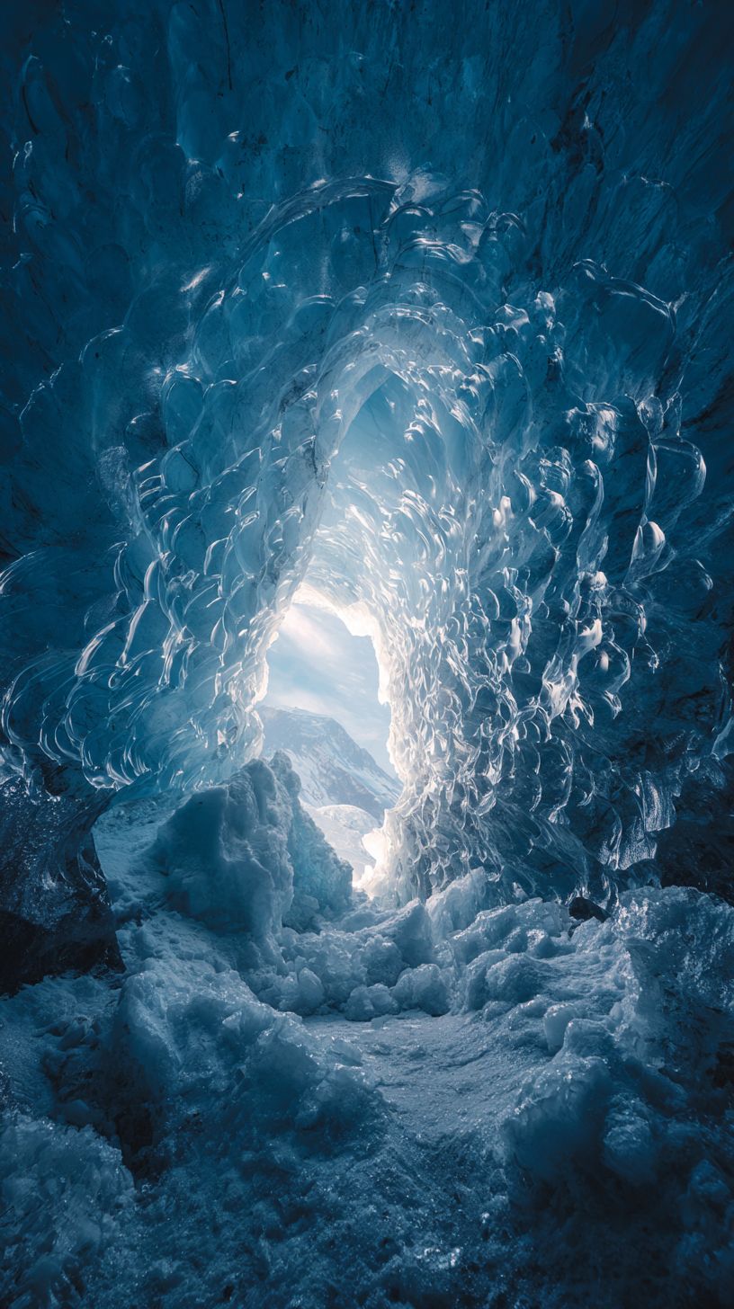 Regardant de l'intérieur d'une grotte de glace bleue profonde vers une petite entrée