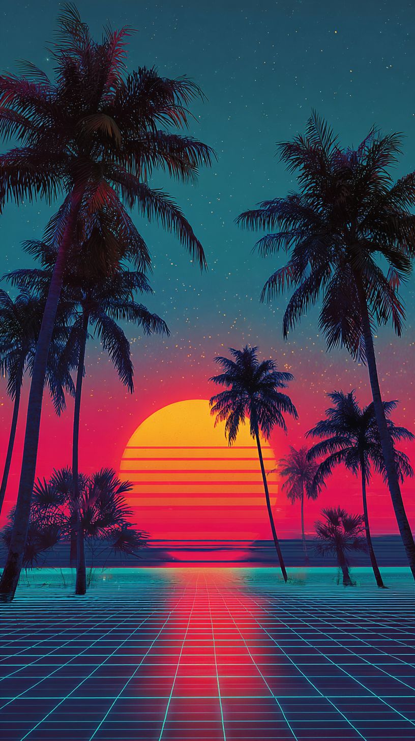 غروب رجعي مع ظلال أشجار النخيل وسماء متدرجة