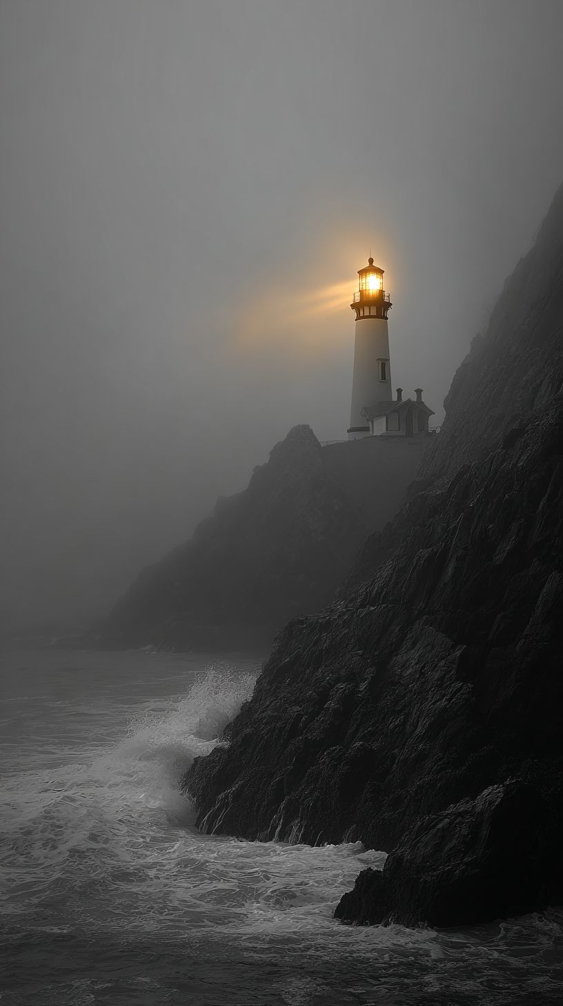 霧中燈塔在懸崖上獨自屹立，溫暖的金色光束穿透冷灰色的霧氣
