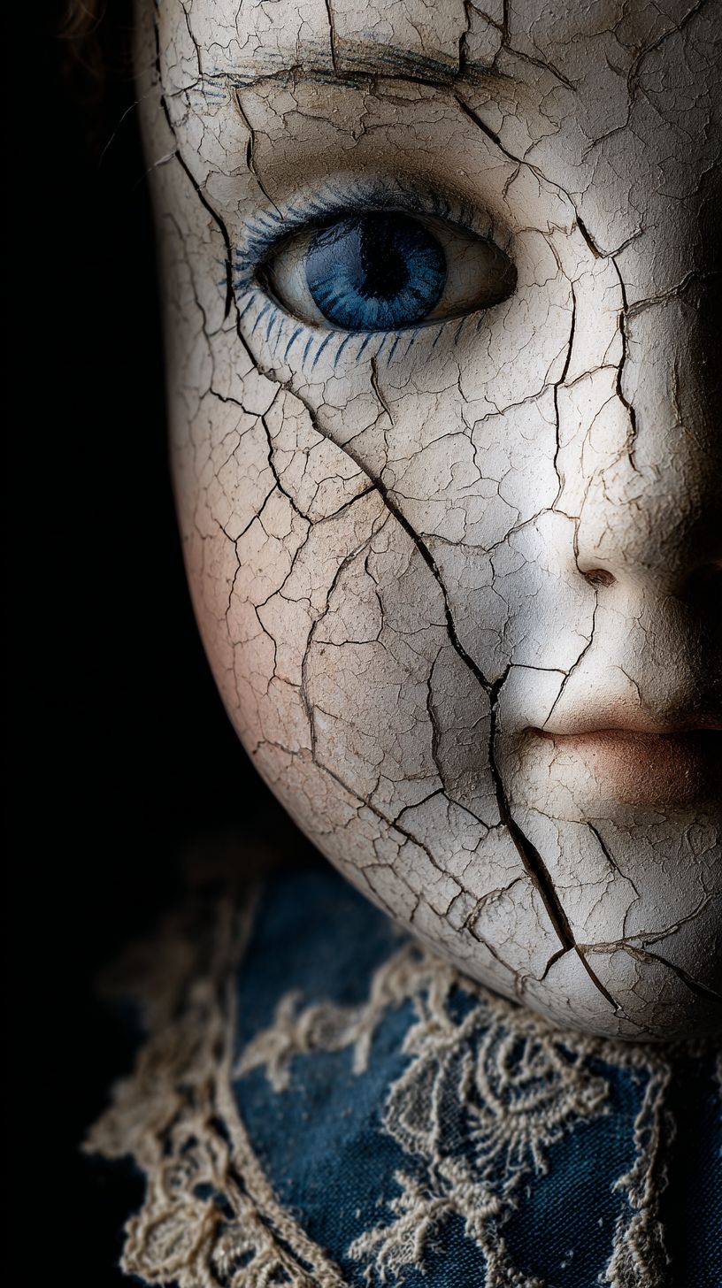 빈티지 도자기 인형 초상화, 파란 유리 눈, 고풍스러운 드레스 칼라, 금이 간 도자기 질감, 어두운 로맨틱 미학